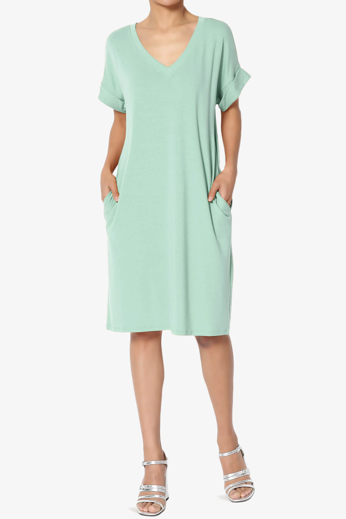 Cliff Rolled Short Sleeve V-Neck Dress LIGHT GREEN_6