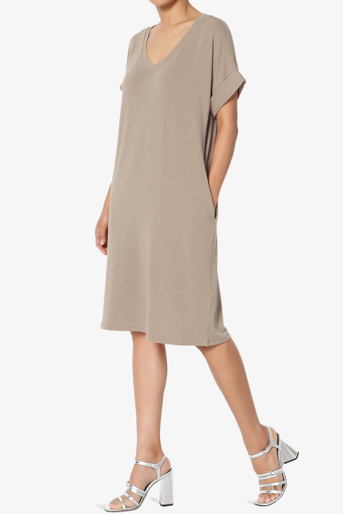 Cliff Rolled Short Sleeve V-Neck Dress LIGHT MOCHA_3