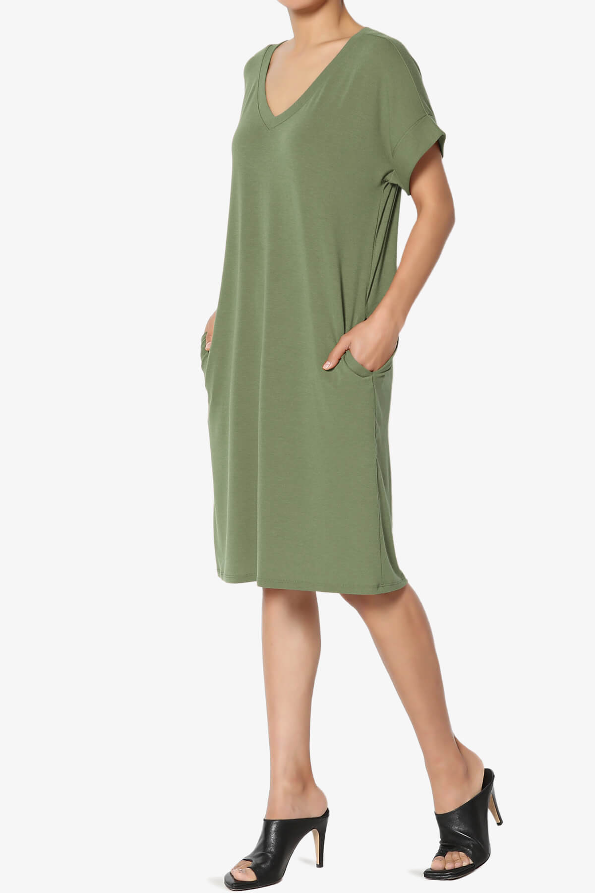 Cliff Rolled Short Sleeve V-Neck Dress LIGHT OLIVE_3