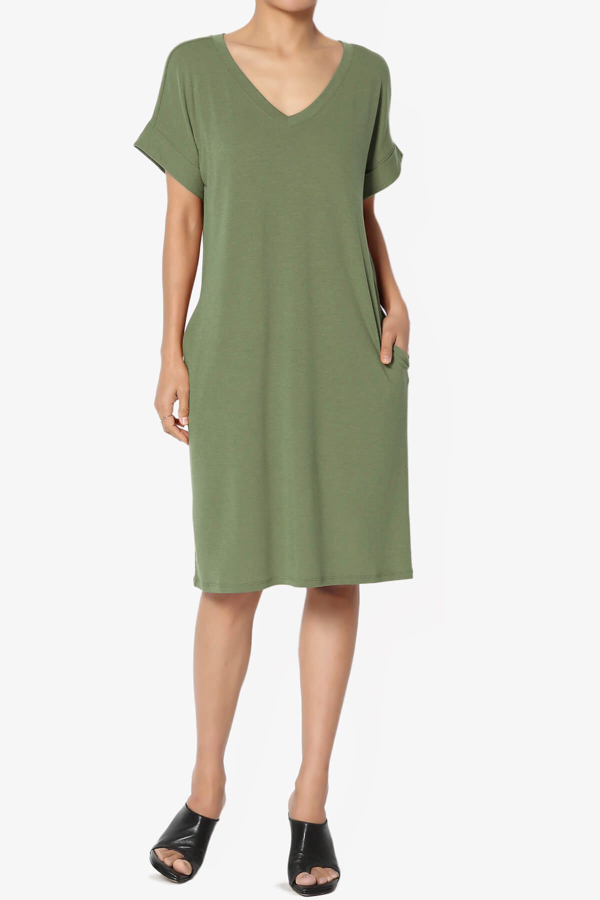 Cliff Rolled Short Sleeve V-Neck Dress LIGHT OLIVE_6