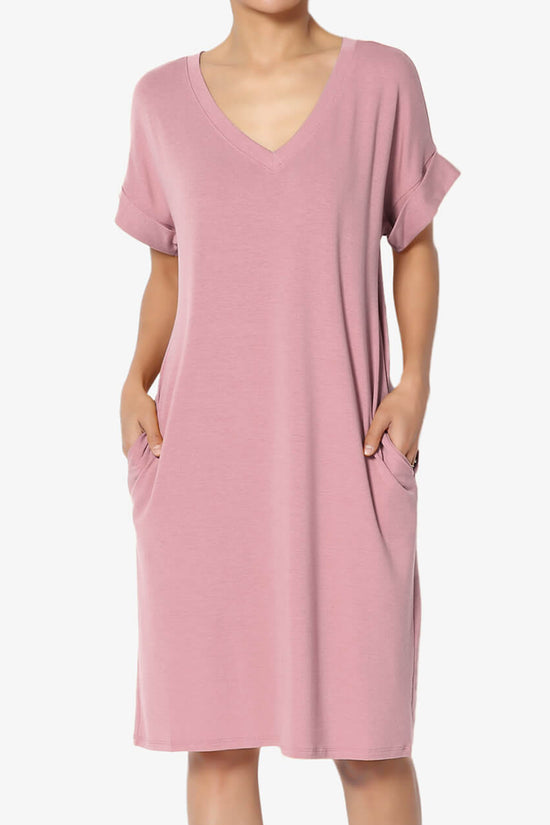 Cliff Rolled Short Sleeve V-Neck Dress LIGHT ROSE_1