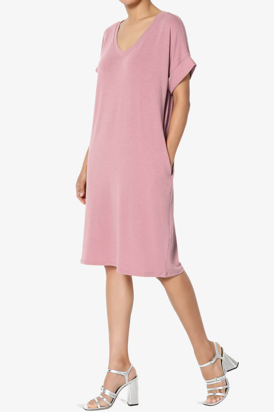 Cliff Rolled Short Sleeve V-Neck Dress LIGHT ROSE_3