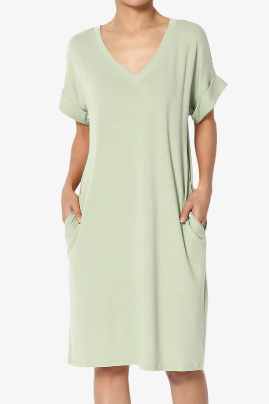 Cliff Rolled Short Sleeve V-Neck Dress LIGHT SAGE_1