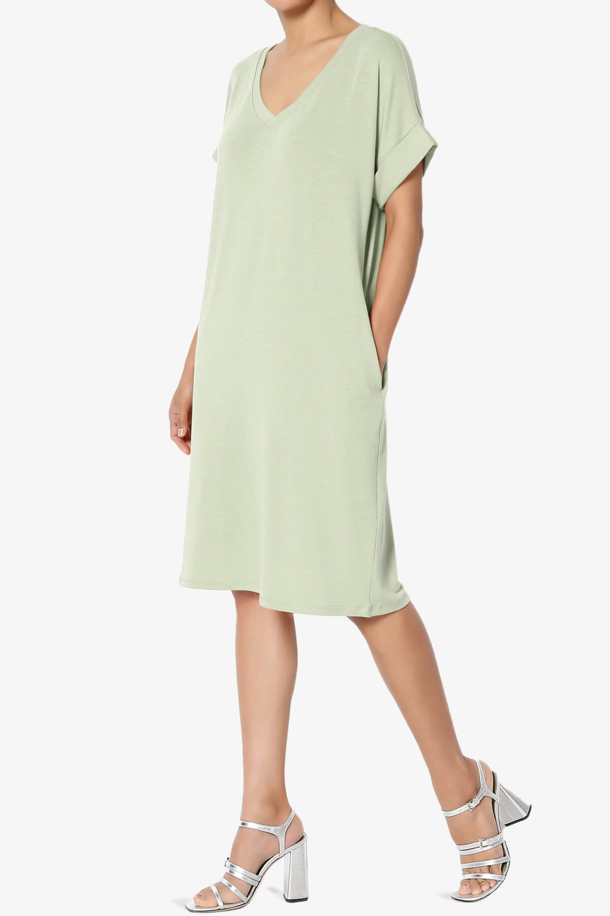 Cliff Rolled Short Sleeve V-Neck Dress LIGHT SAGE_3