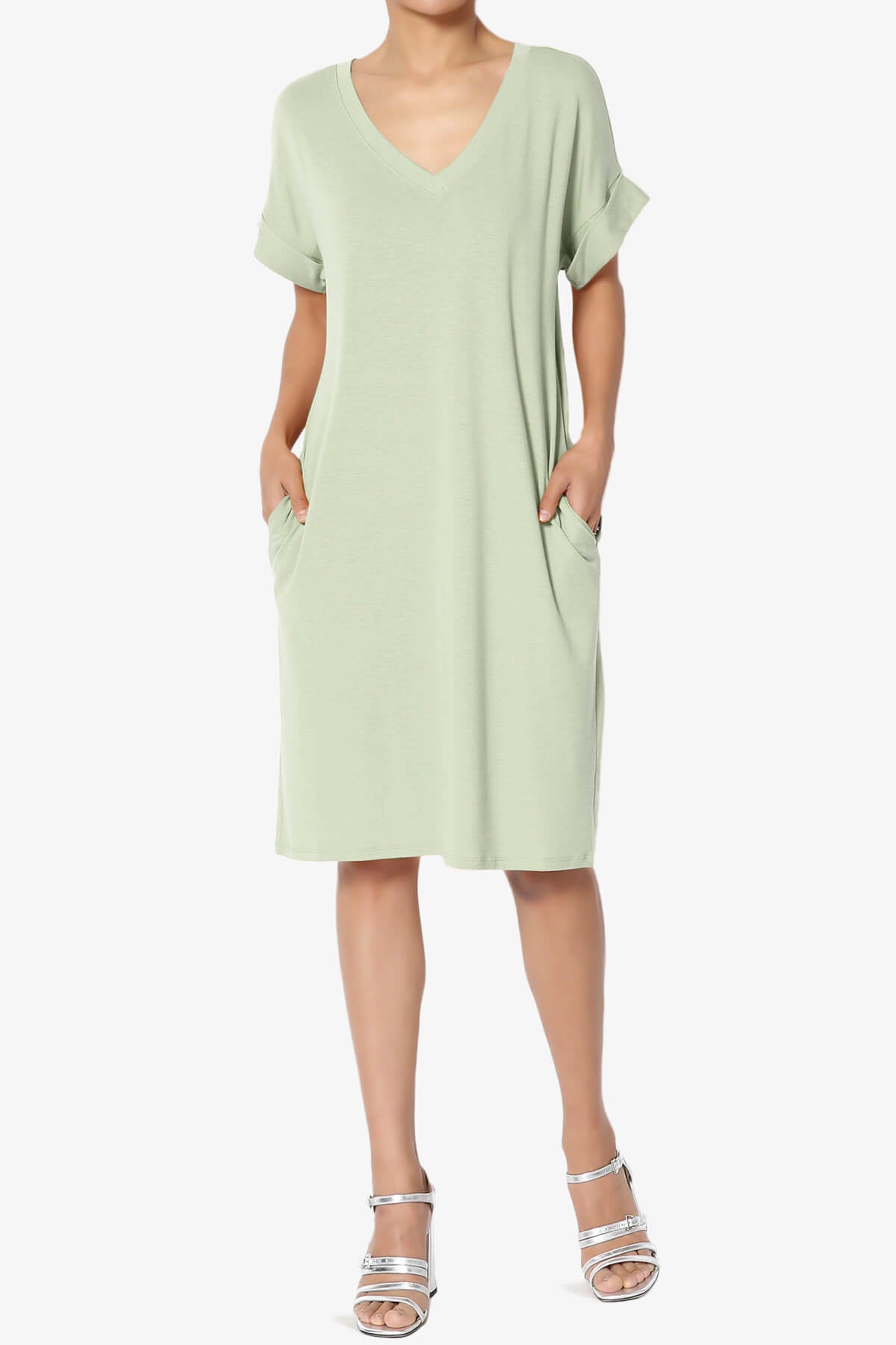 Cliff Rolled Short Sleeve V-Neck Dress LIGHT SAGE_6