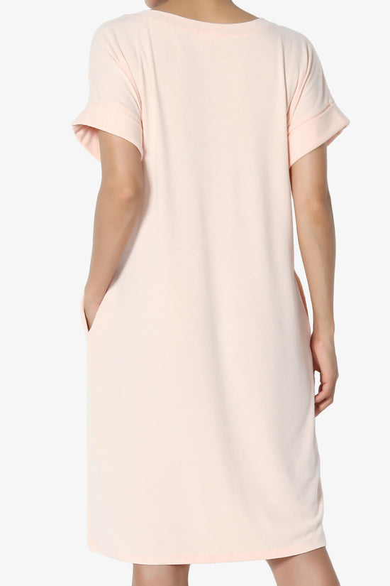 Cliff Rolled Short Sleeve V-Neck Dress LT PEACH_2