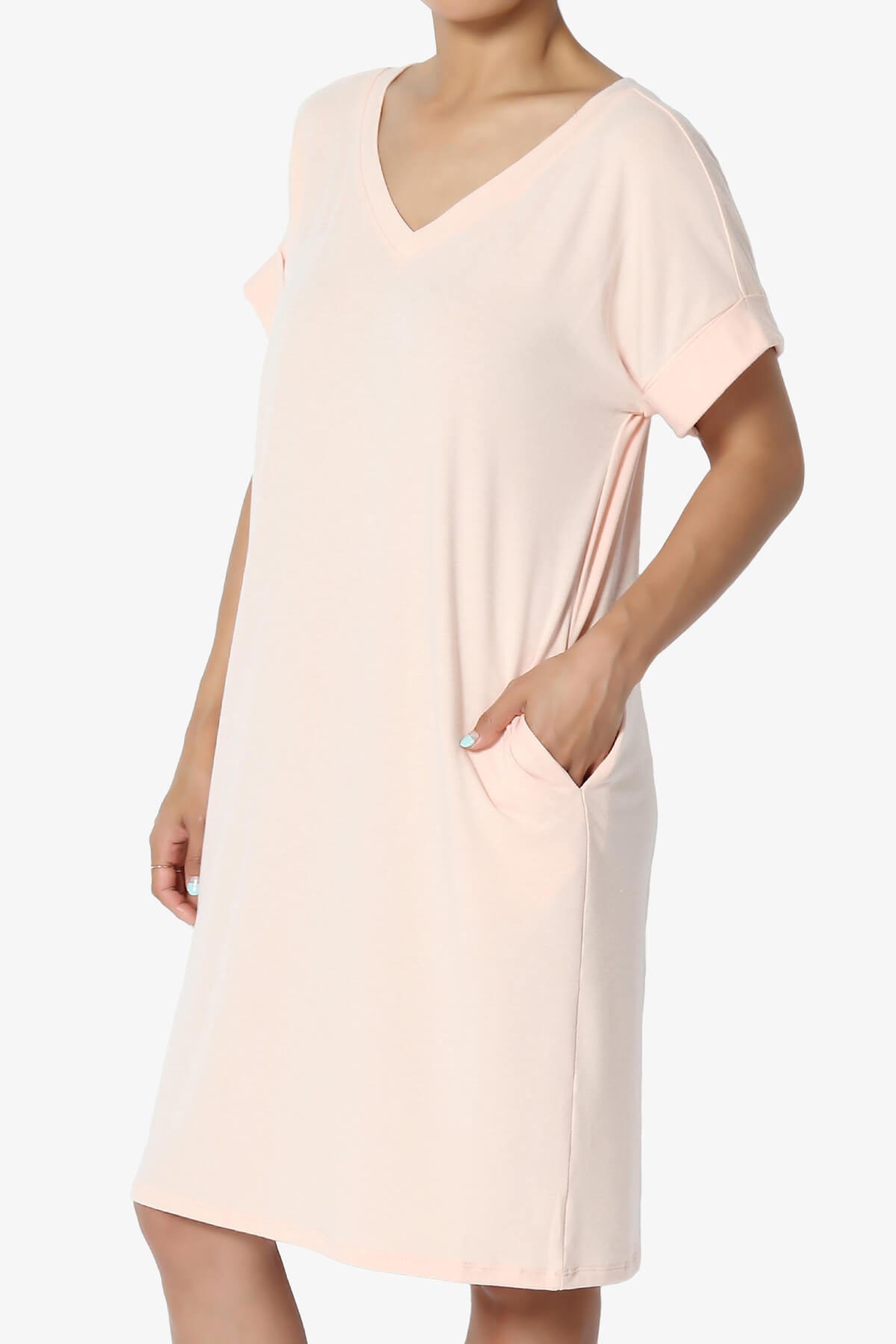 Cliff Rolled Short Sleeve V-Neck Dress LT PEACH_3