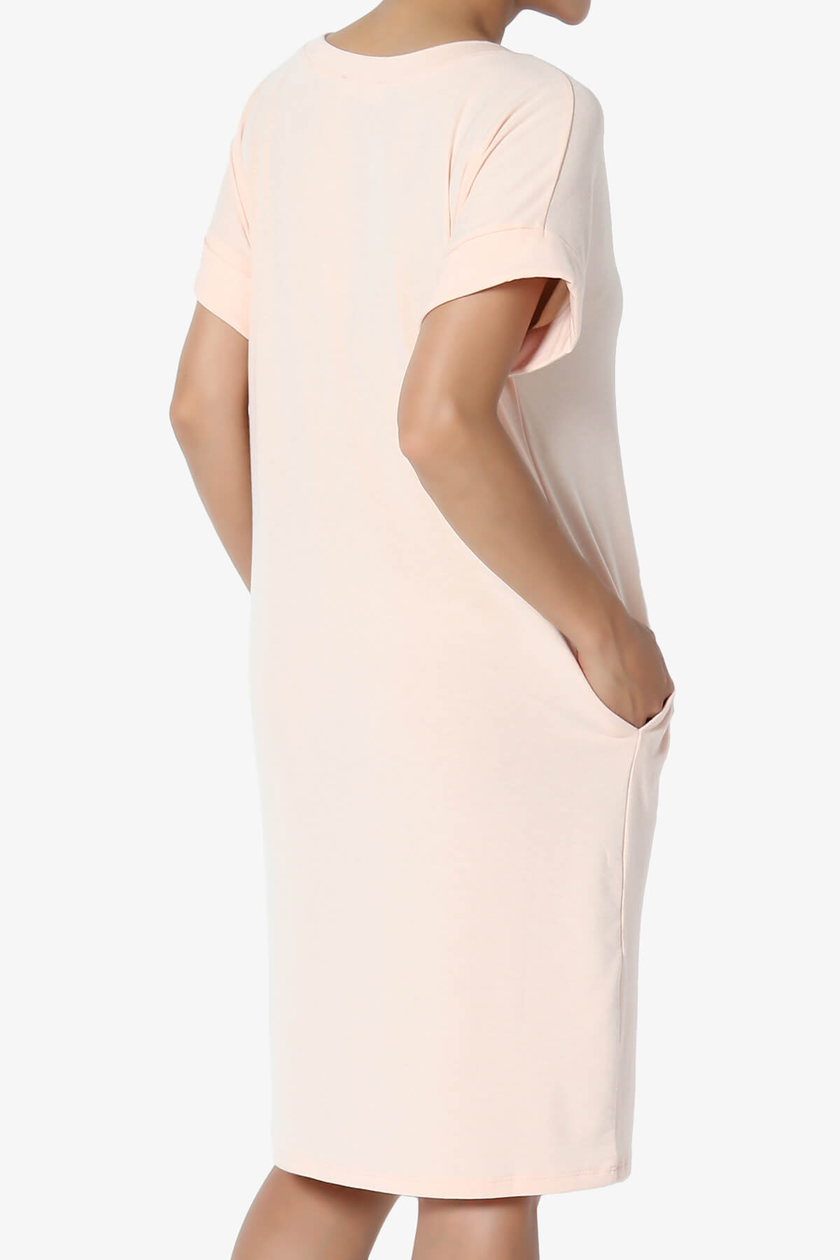 Cliff Rolled Short Sleeve V-Neck Dress LT PEACH_4