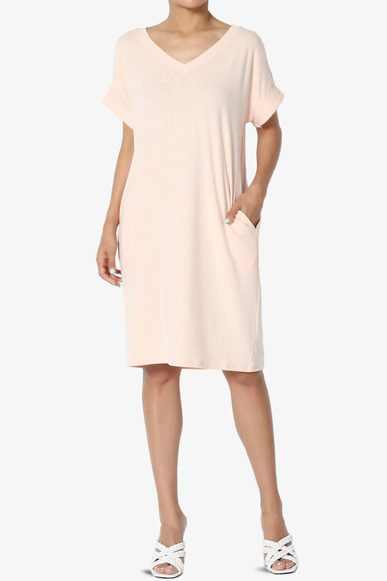 Cliff Rolled Short Sleeve V-Neck Dress LT PEACH_6