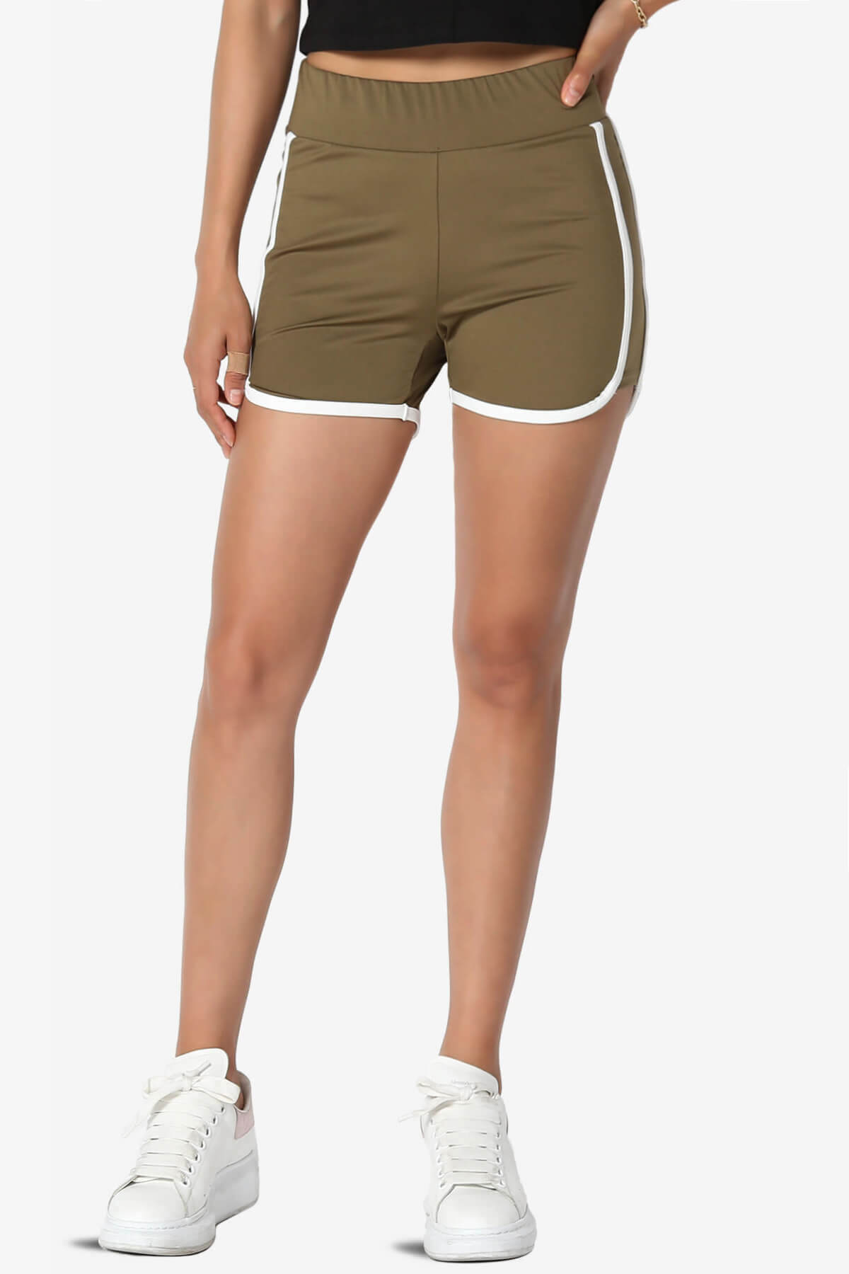 Dovie Athletic Contrast Trim Dolphin Shorts OLIVE KHAKI_1
