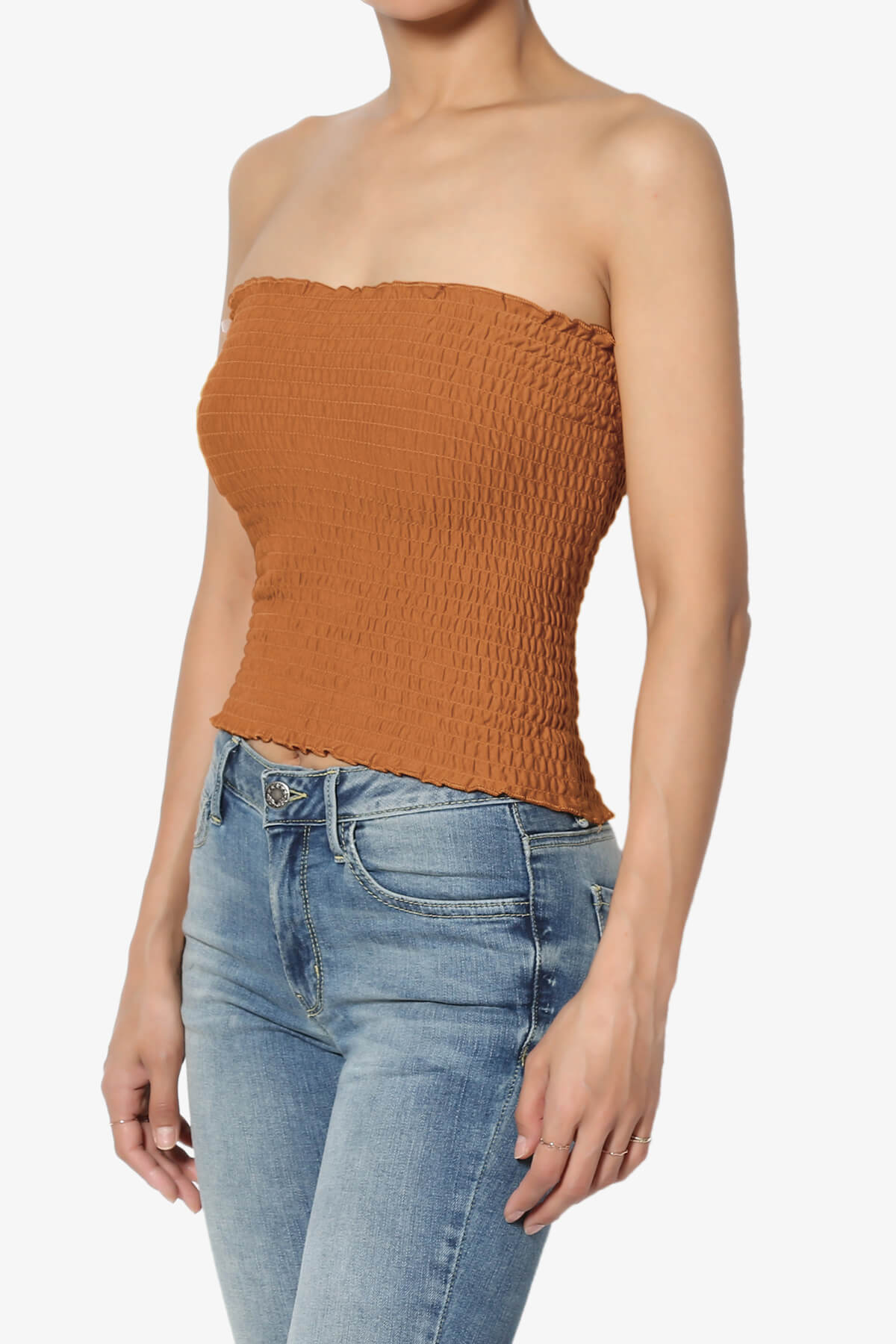 Faleece Smocked Crop Tube Top ALMOND_3