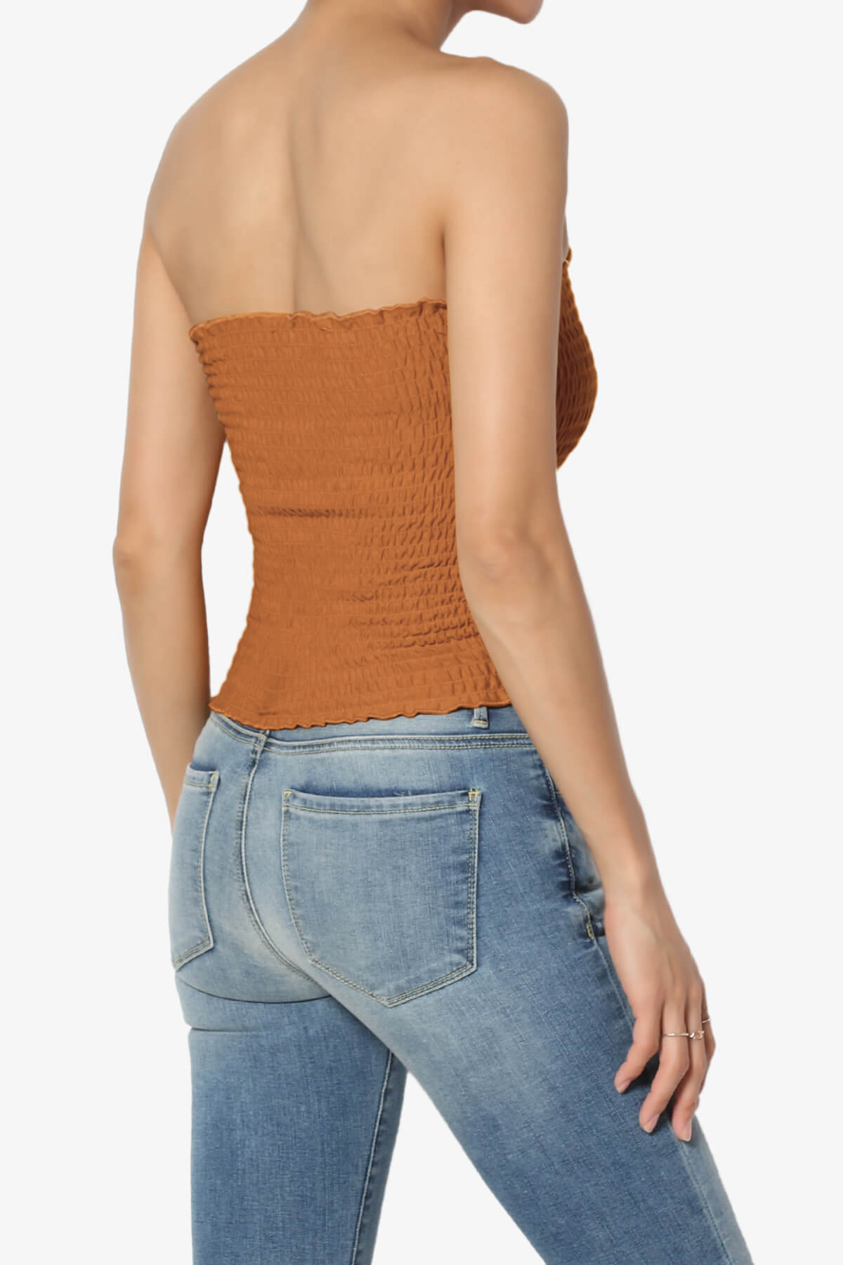 Faleece Smocked Crop Tube Top ALMOND_4