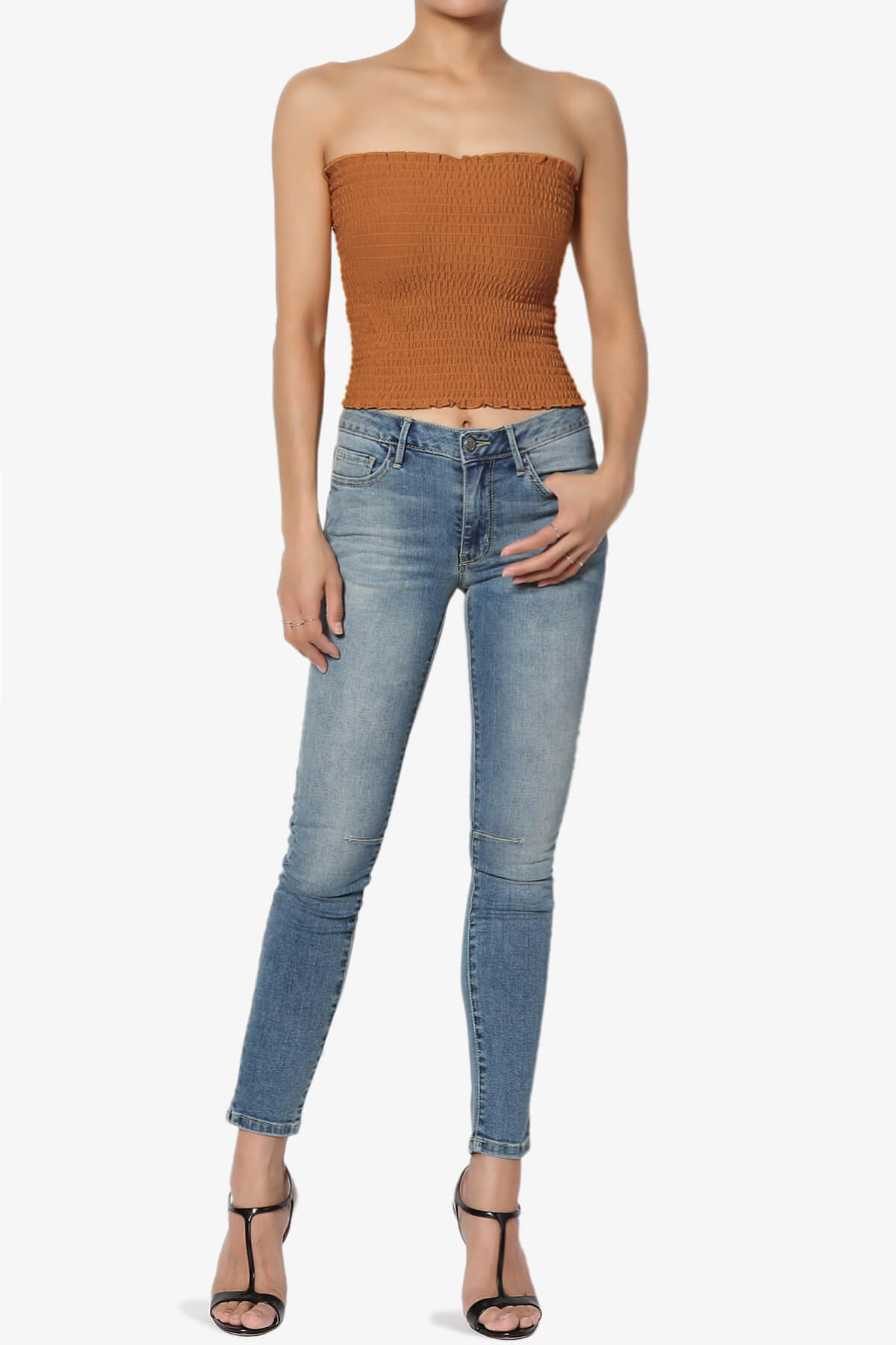 Faleece Smocked Crop Tube Top ALMOND_6