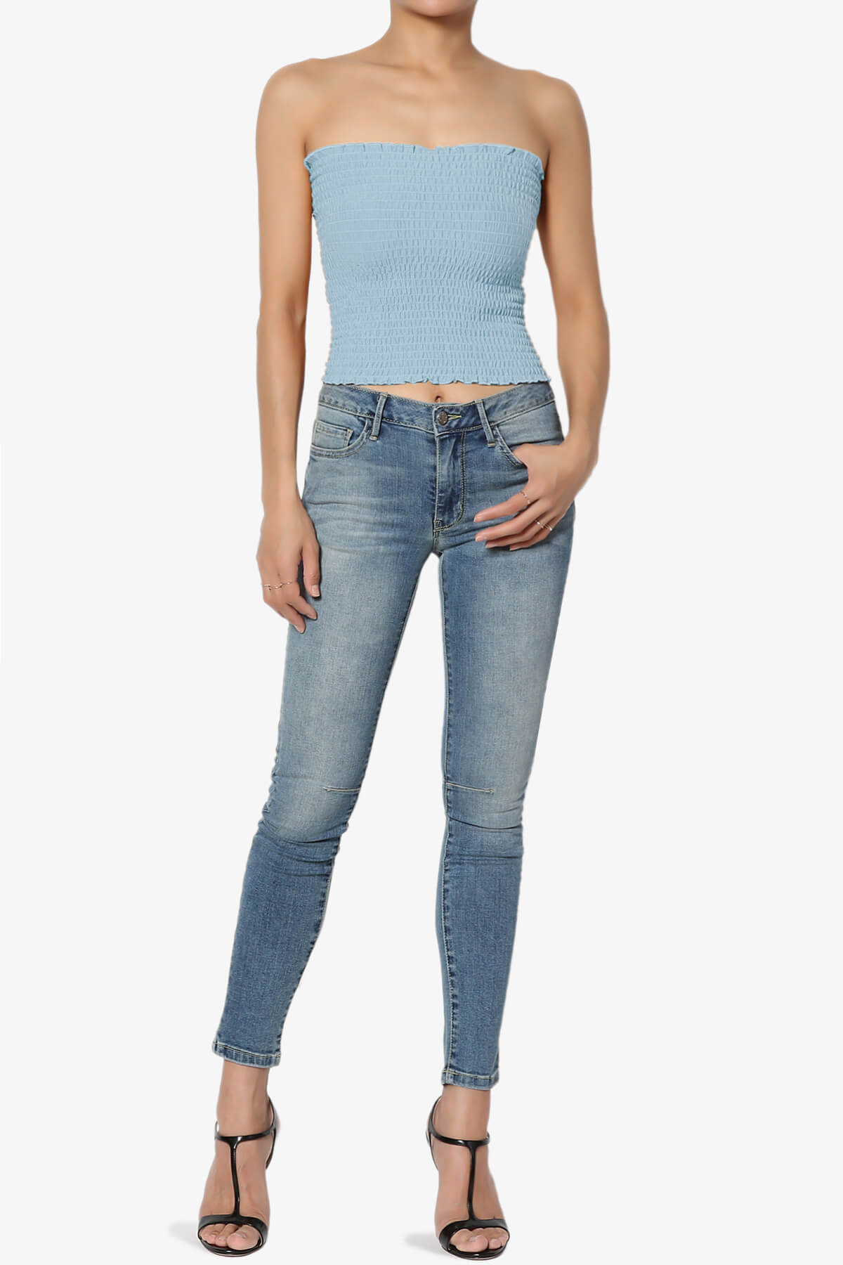 Faleece Smocked Crop Tube Top ASH BLUE_6