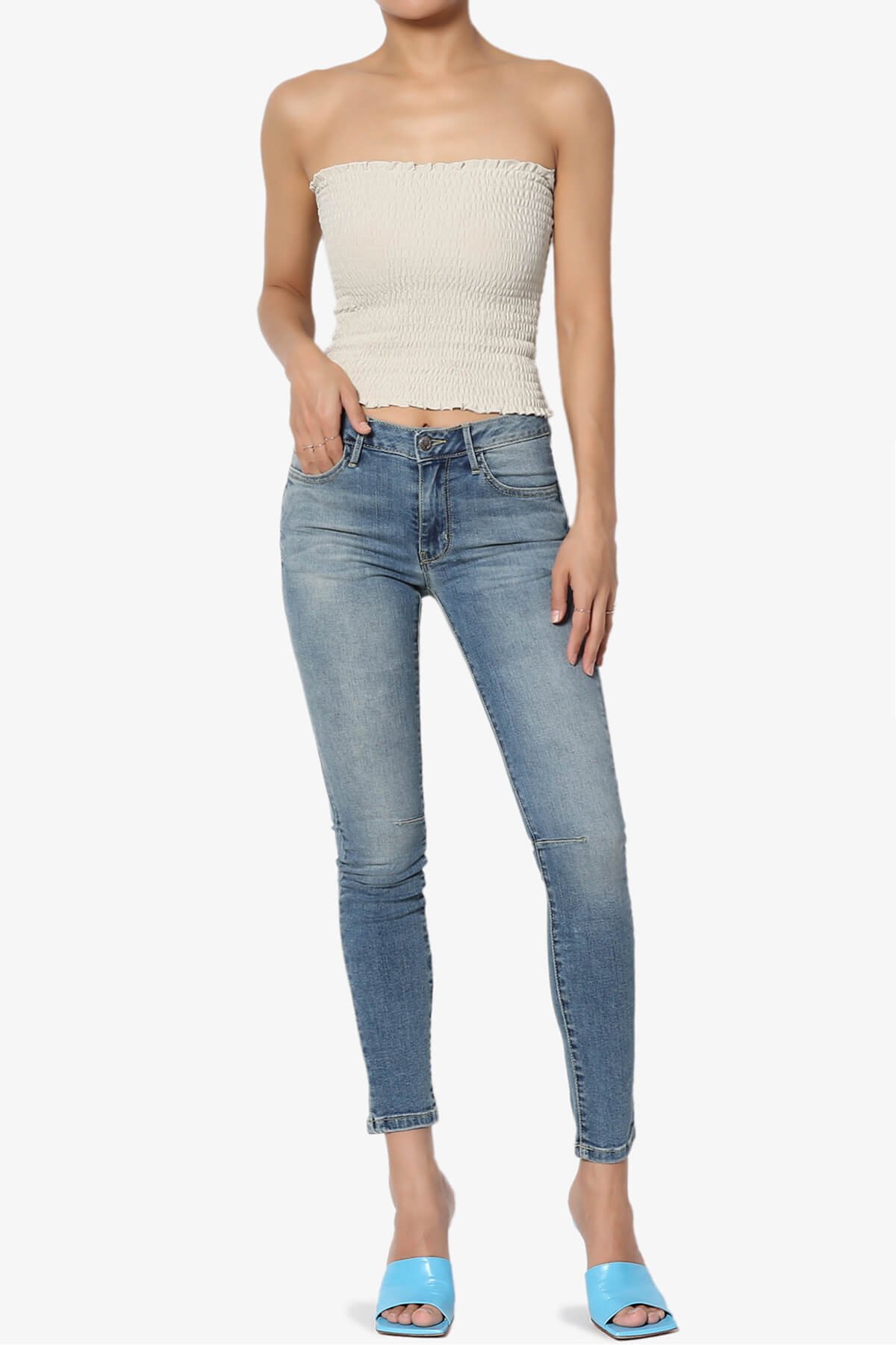 Faleece Smocked Crop Tube Top BONE_6