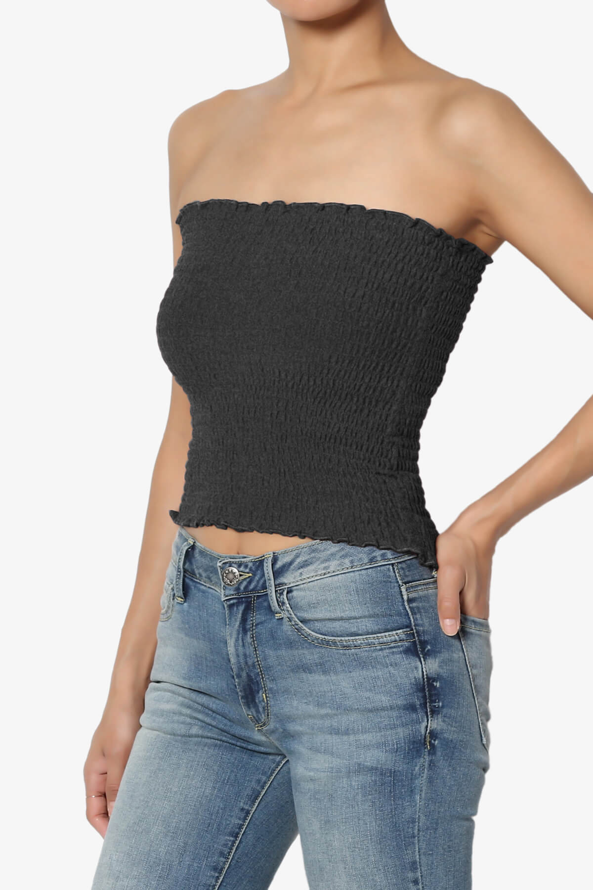 Faleece Smocked Crop Tube Top CHARCOAL_3