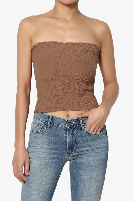 Faleece Smocked Crop Tube Top DEEP CAMEL_1