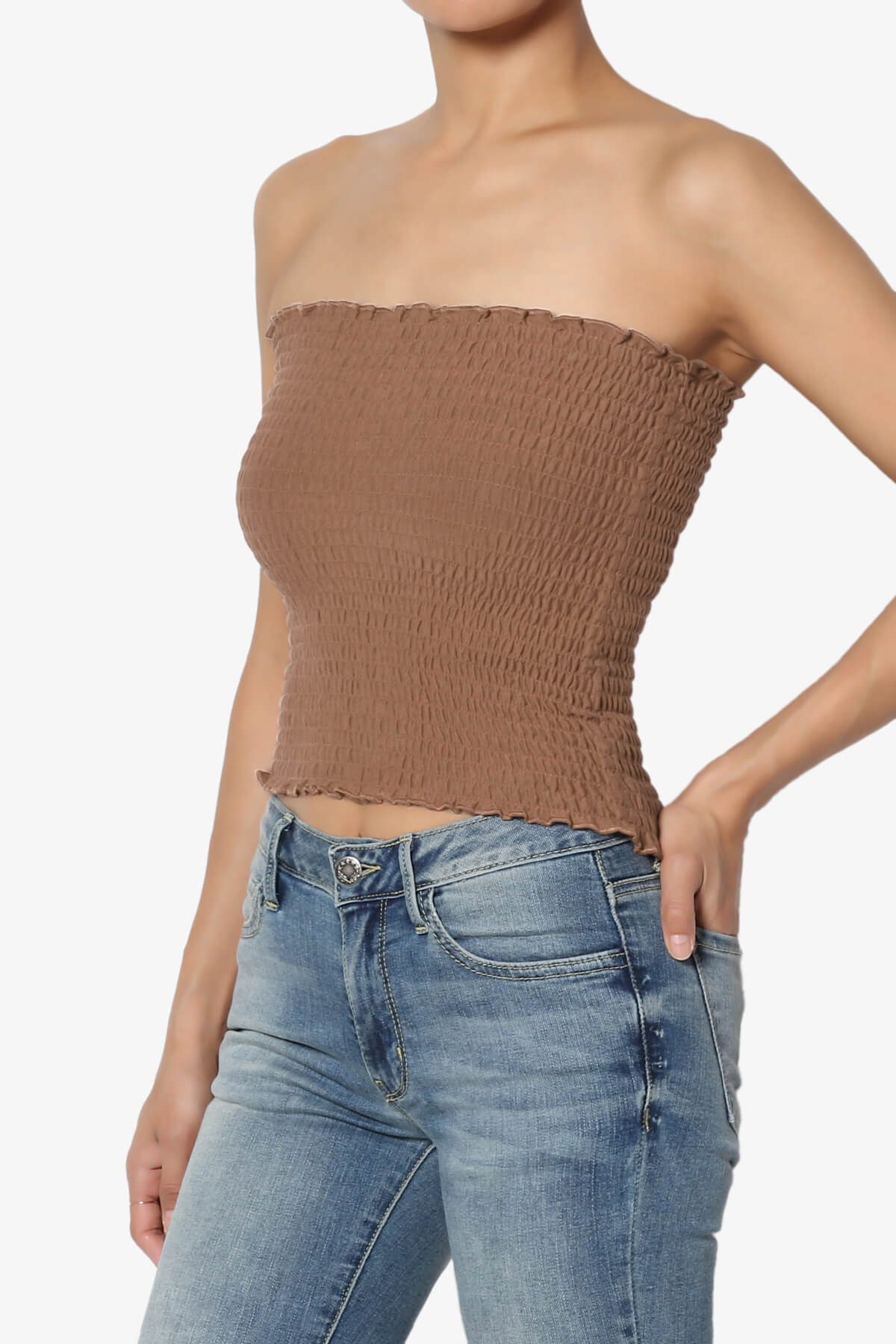 Faleece Smocked Crop Tube Top DEEP CAMEL_3