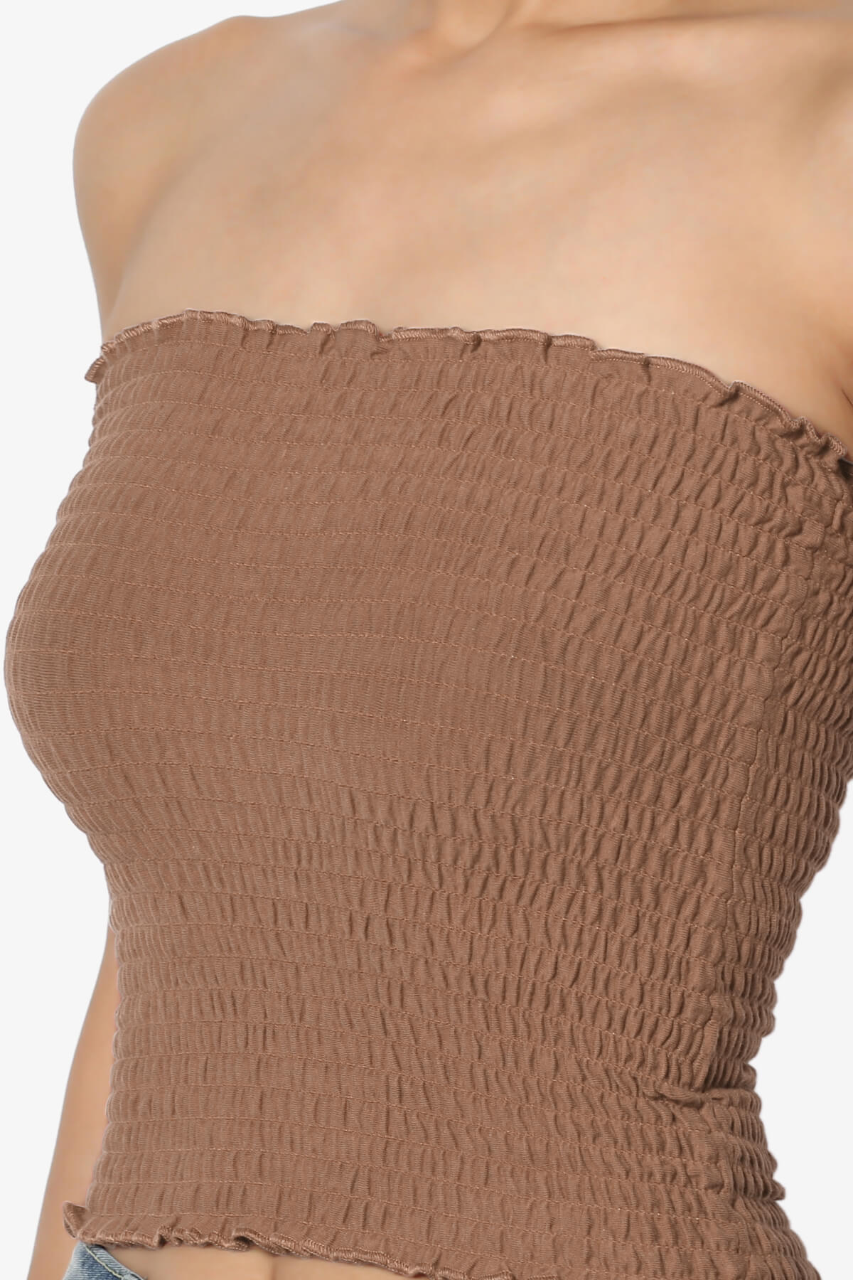 Faleece Smocked Crop Tube Top DEEP CAMEL_5