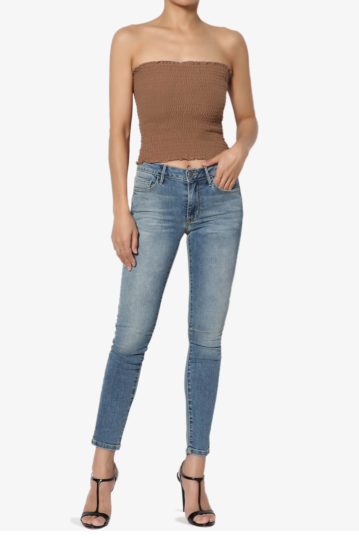 Faleece Smocked Crop Tube Top DEEP CAMEL_6