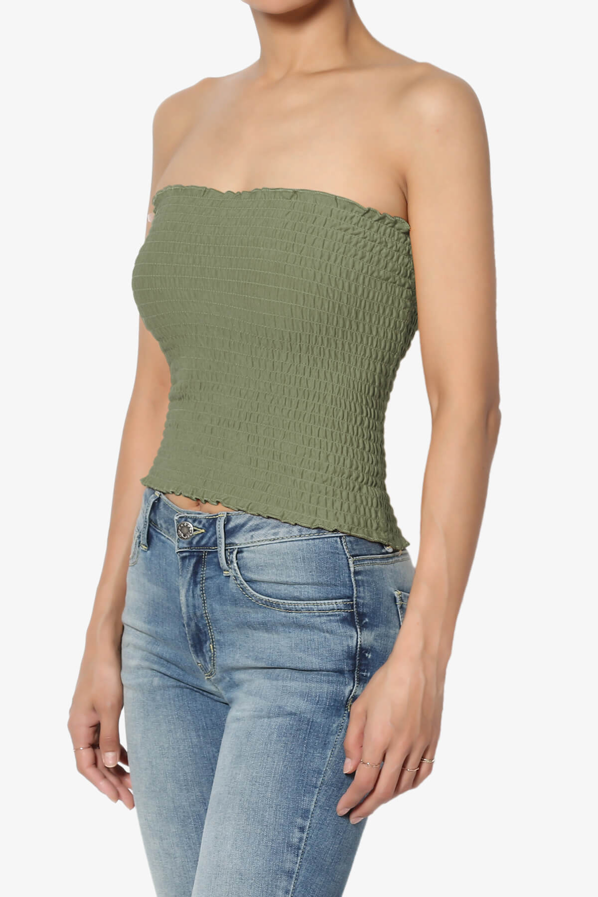 Faleece Smocked Crop Tube Top DUSTY OLIVE_3