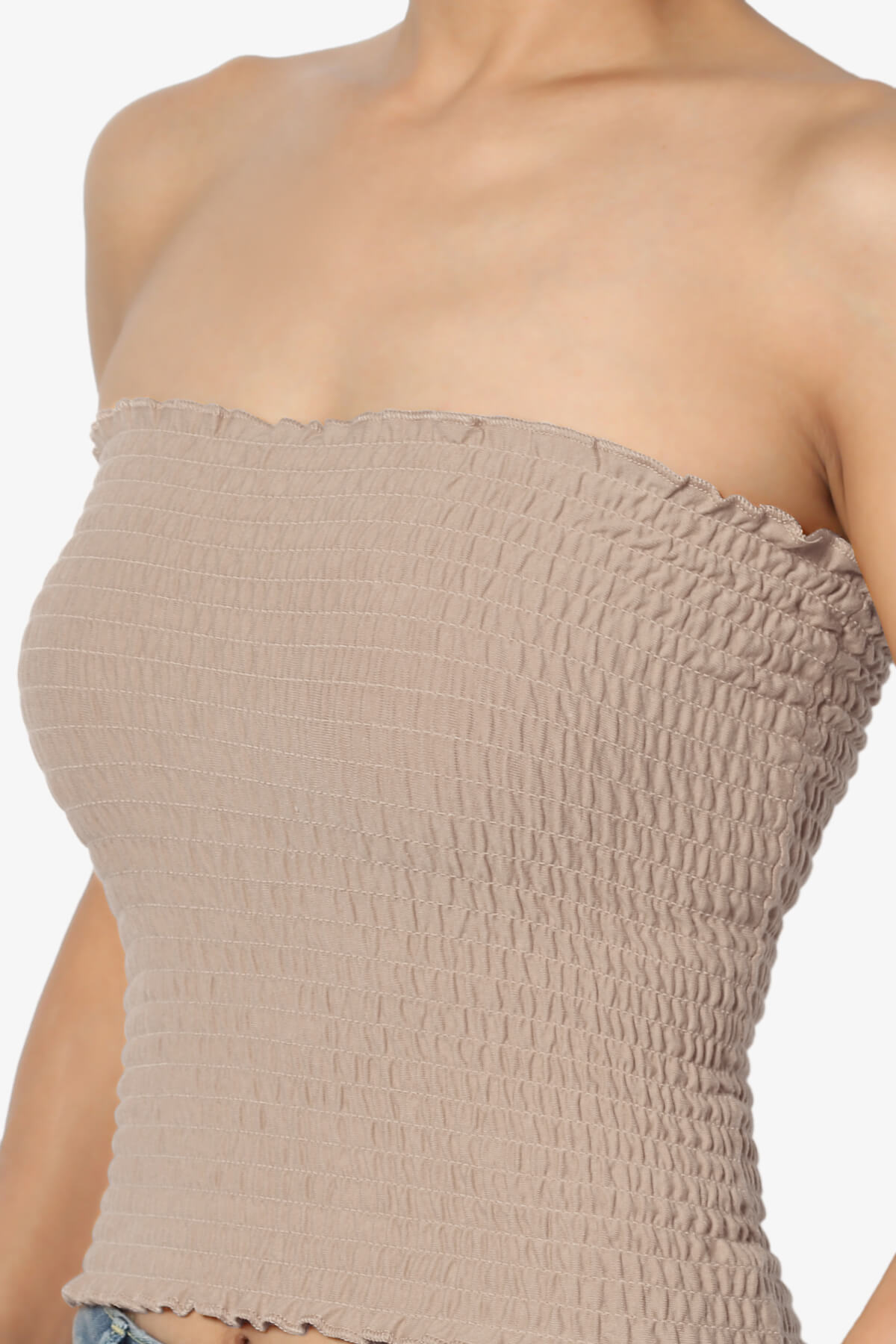 Faleece Smocked Crop Tube Top LIGHT MOCHA_5