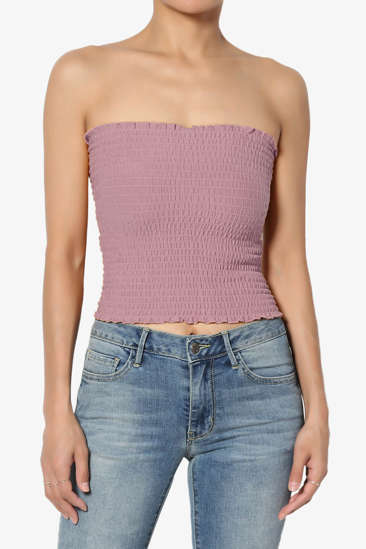 Faleece Smocked Crop Tube Top LIGHT ROSE_1