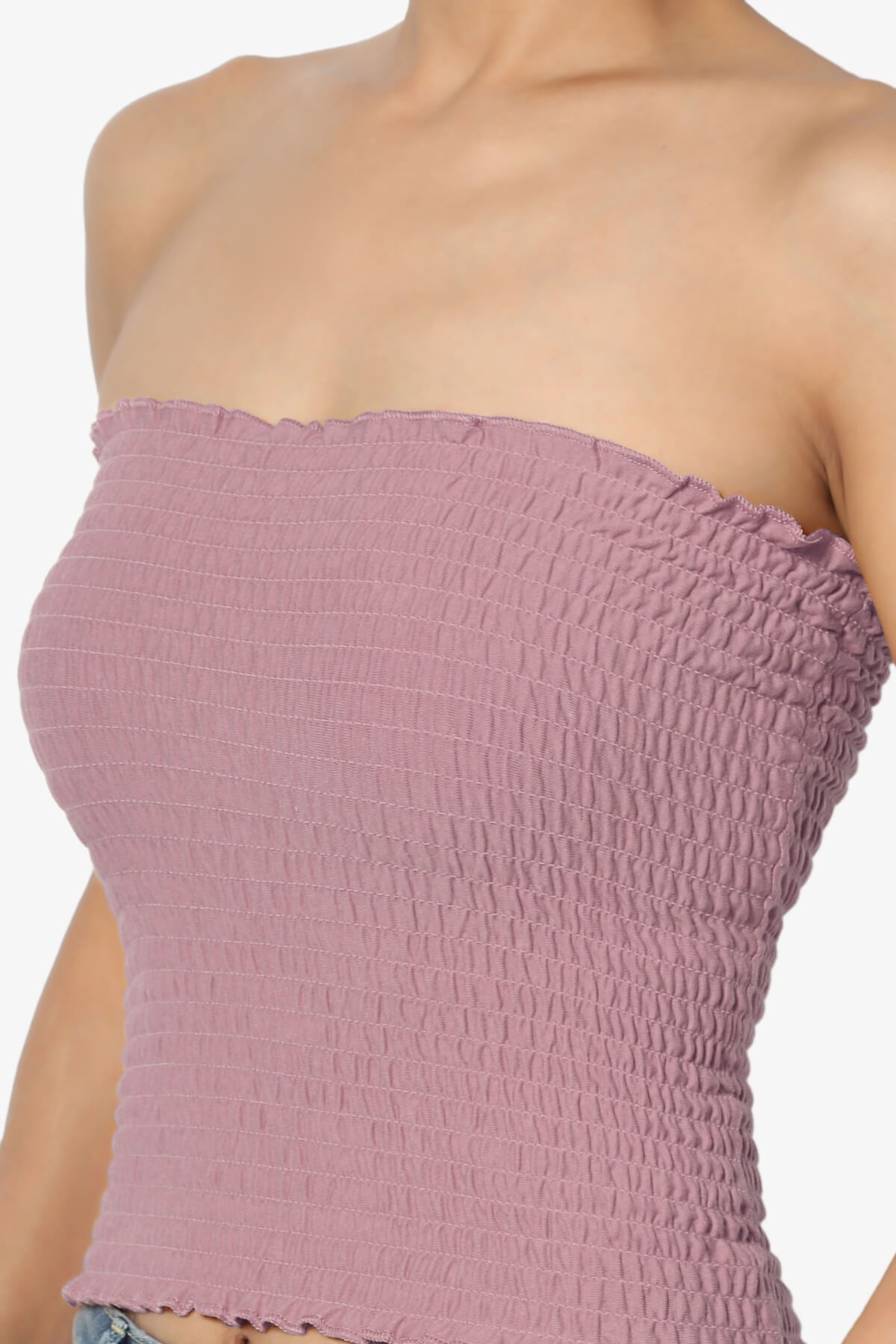 Faleece Smocked Crop Tube Top LIGHT ROSE_5