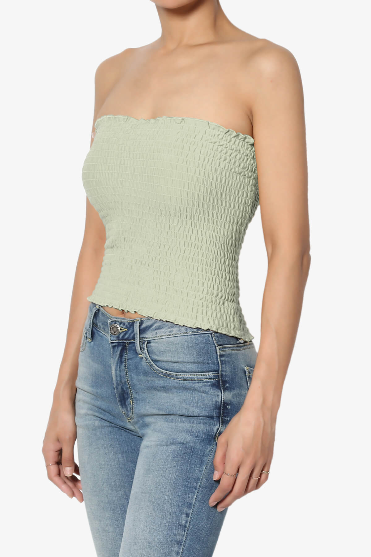 Faleece Smocked Crop Tube Top LIGHT SAGE_3