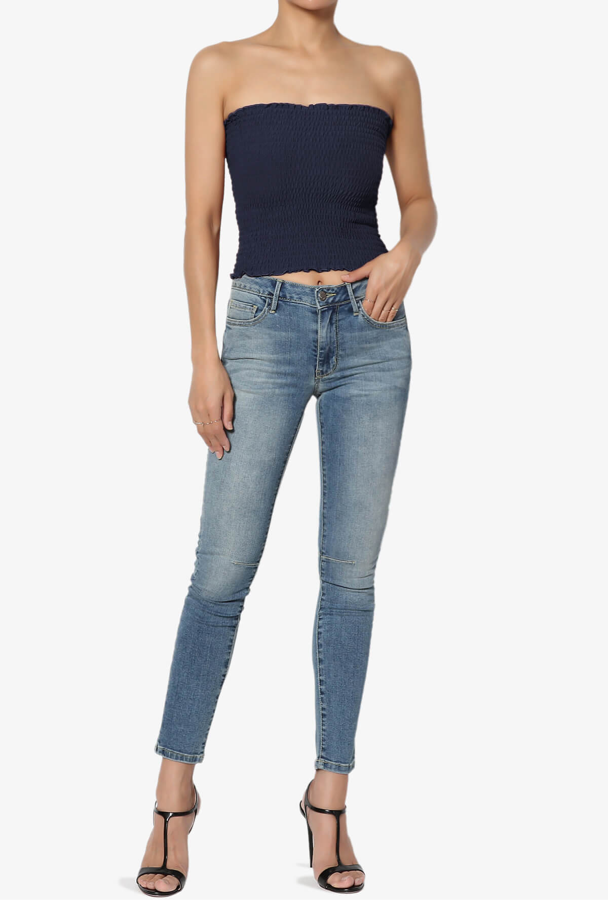 Faleece Smocked Crop Tube Top NAVY_6