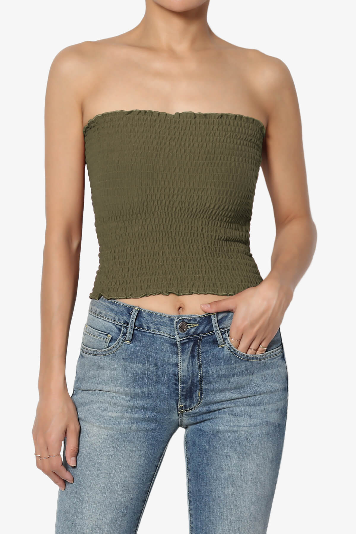 Faleece Smocked Crop Tube Top OLIVE KHAKI_1