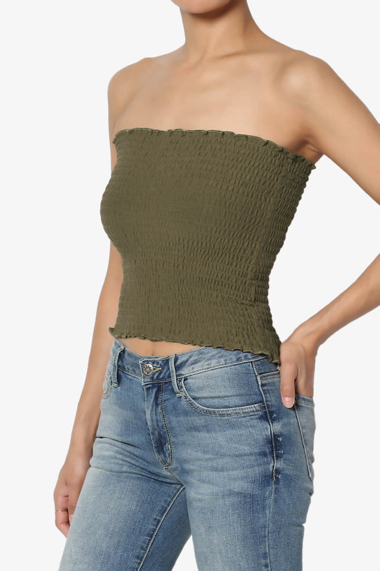 Faleece Smocked Crop Tube Top OLIVE KHAKI_3