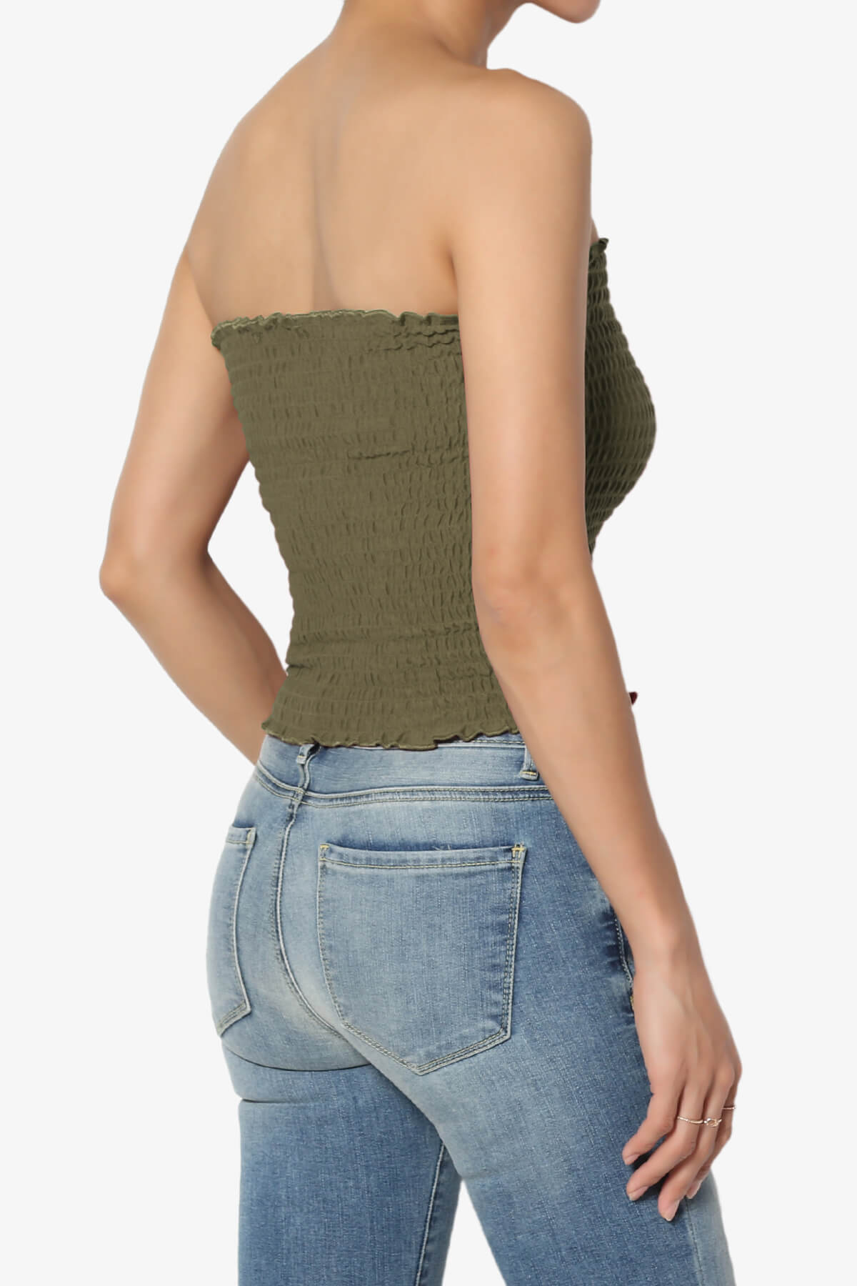 Faleece Smocked Crop Tube Top OLIVE KHAKI_4