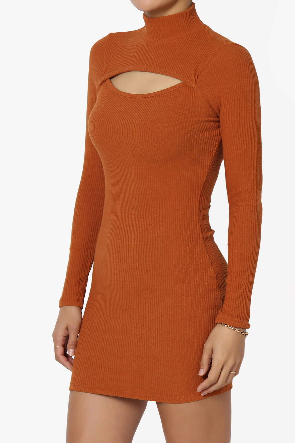 Fiorra Cutout Mock Neck Bodycon Ribbed Mini Dress CARAMEL_3