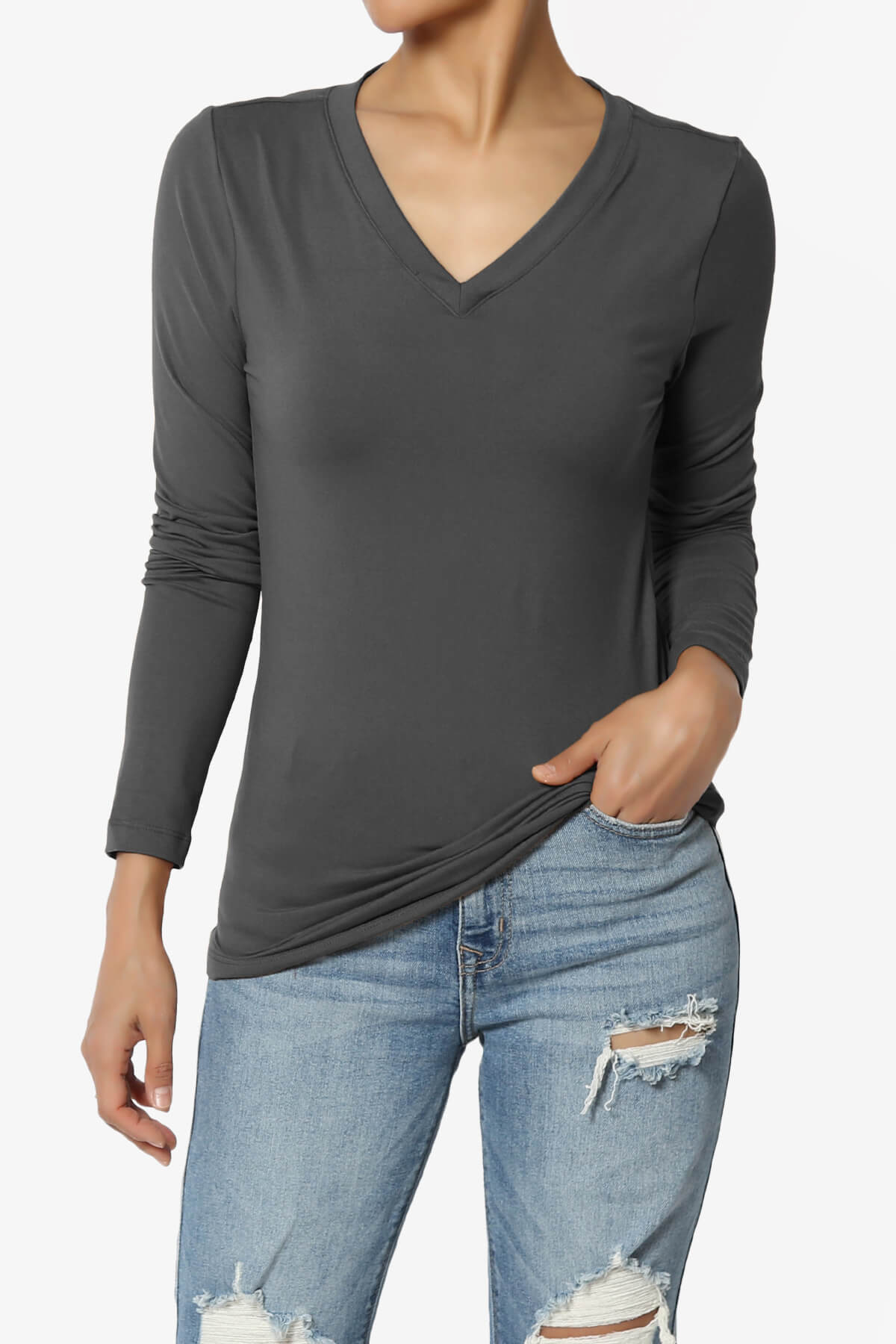 Gaia Microfiber V-Neck Long Sleeve T-Shirt ASH GREY_1