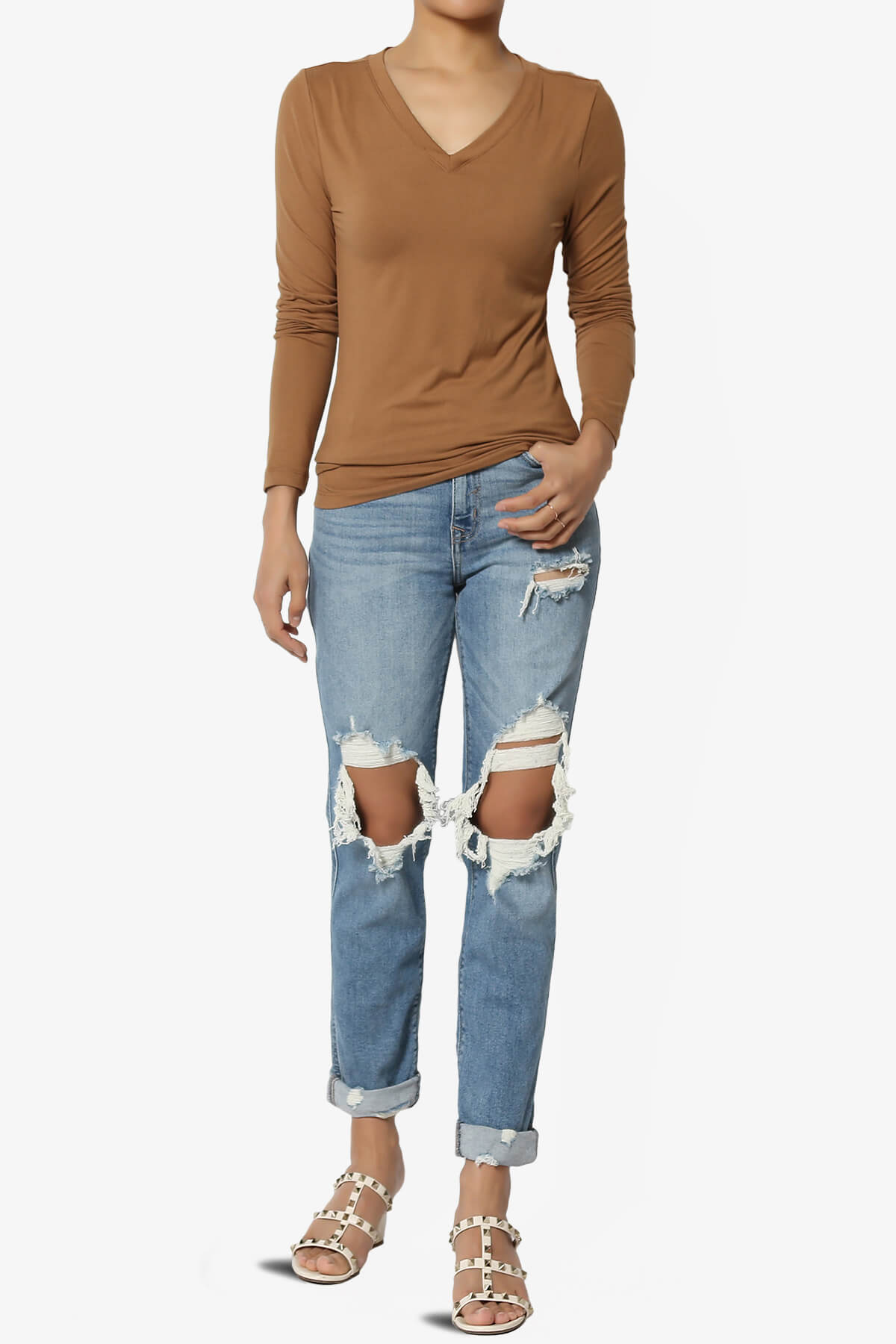 Gaia Microfiber V-Neck Long Sleeve T-Shirt DEEP CAMEL_6