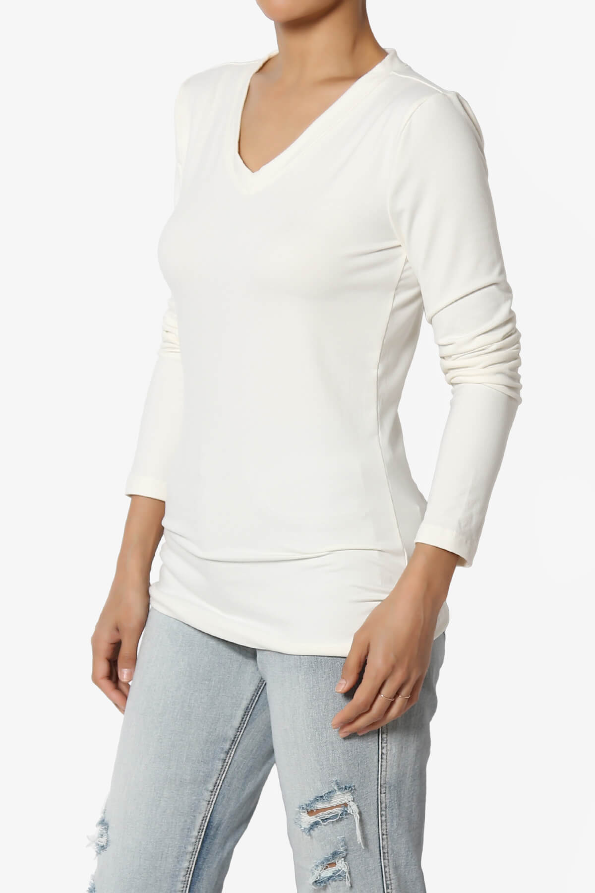 Gaia Microfiber V-Neck Long Sleeve T-Shirt IVORY_3