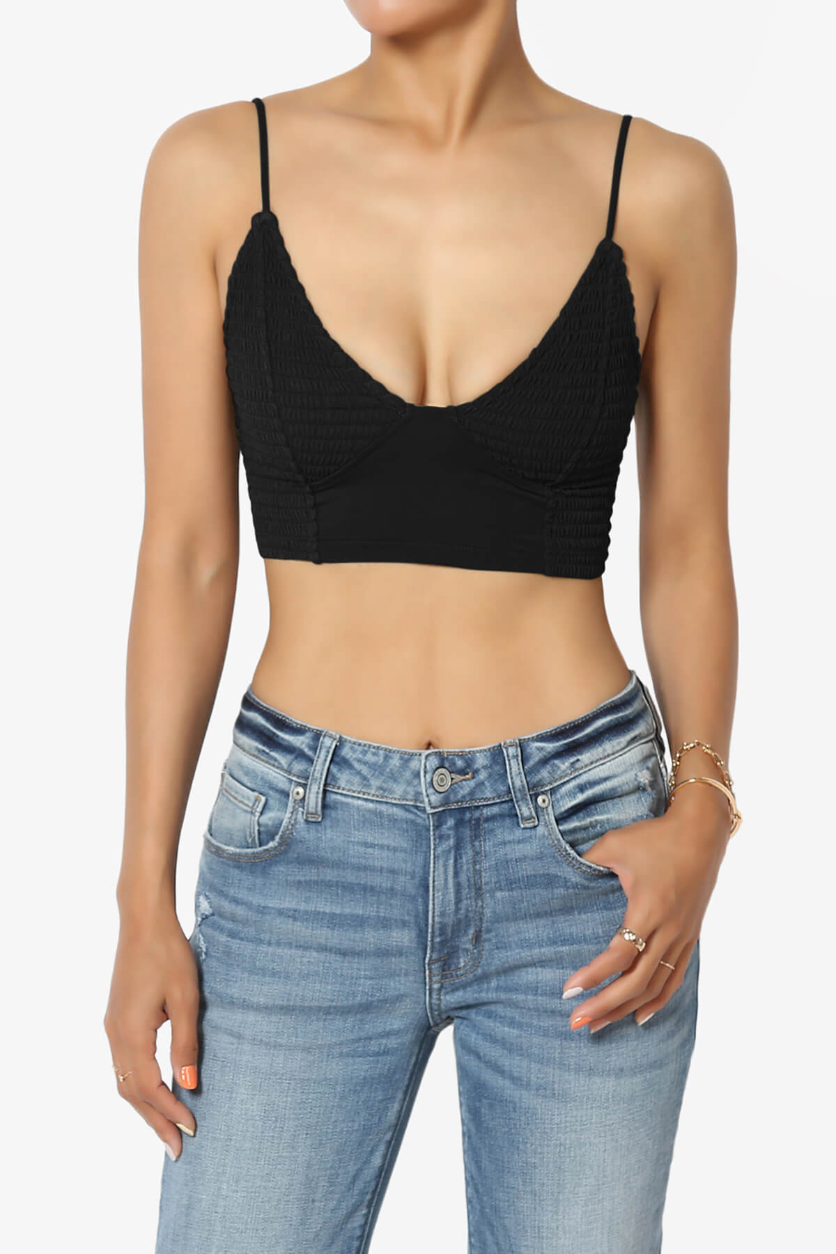 Jennie Smocked Triangle Bralette BLACK_1
