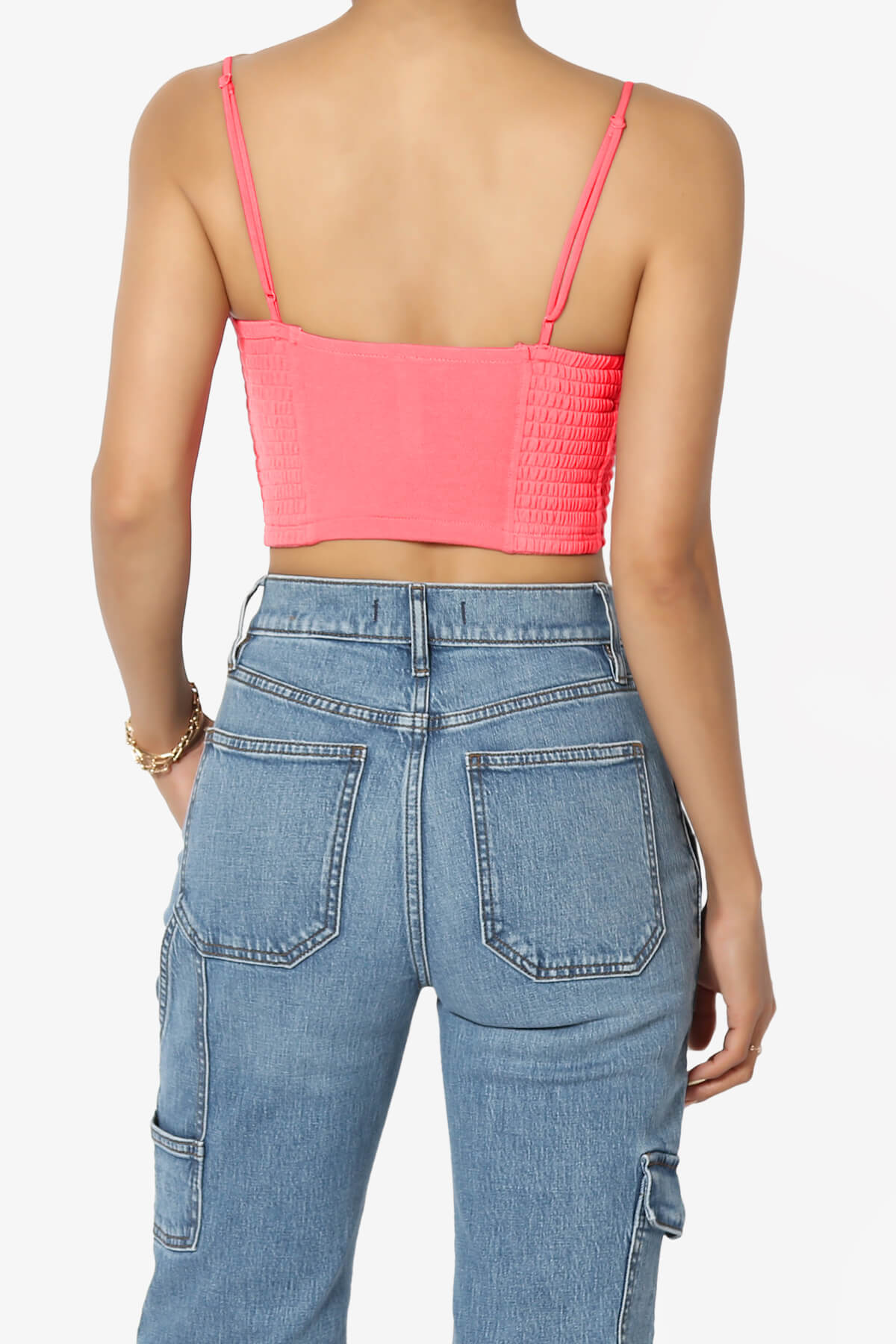 Jennie Smocked Triangle Bralette NEON CORAL PINK_2