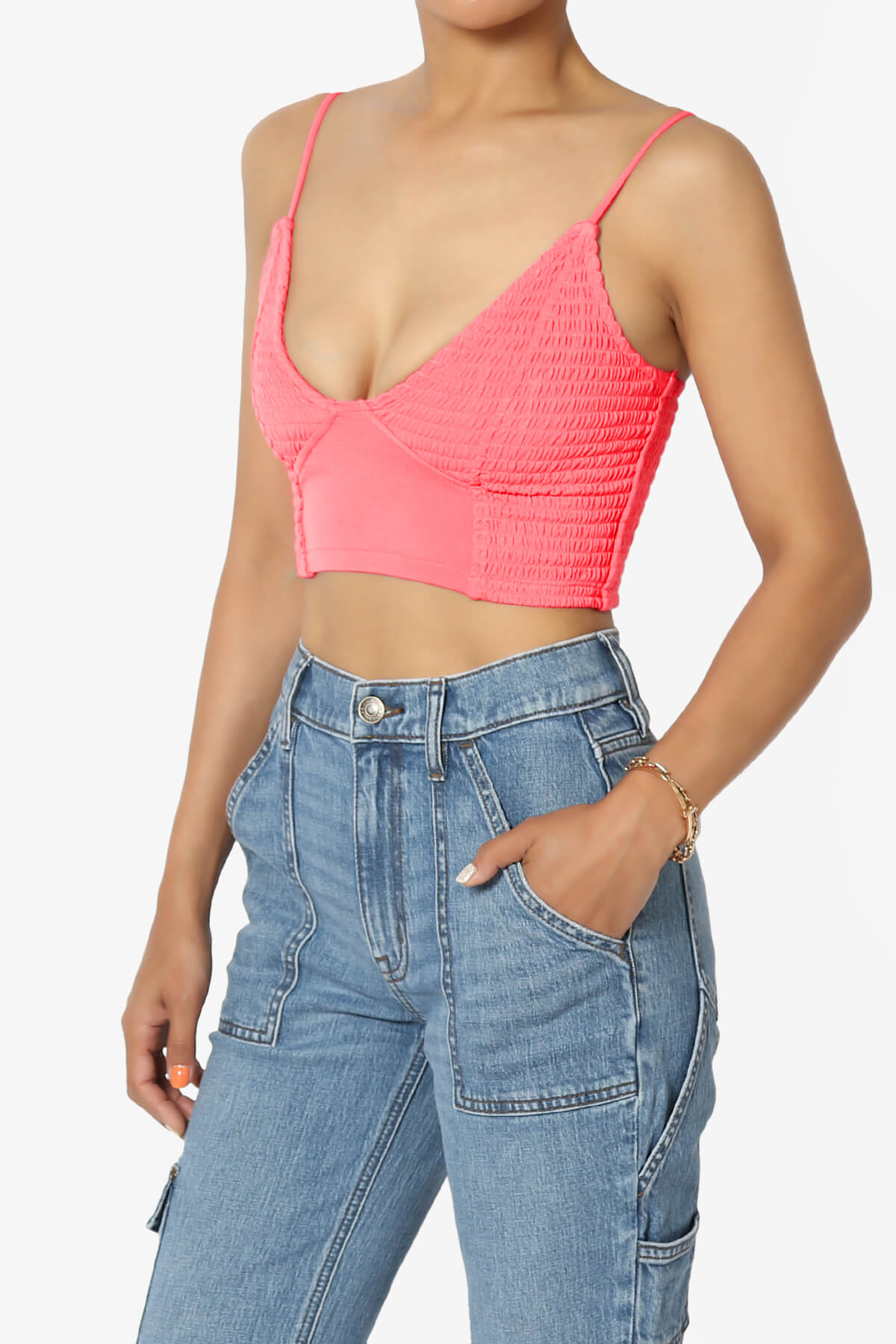 Jennie Smocked Triangle Bralette NEON CORAL PINK_3