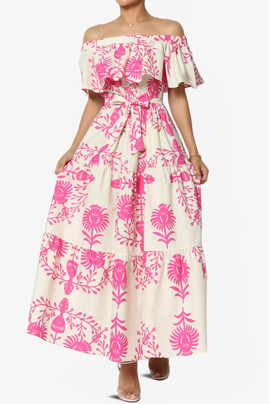 Kenny Ruffle Off Shoulder Floral Woven Long Dress PINK_1