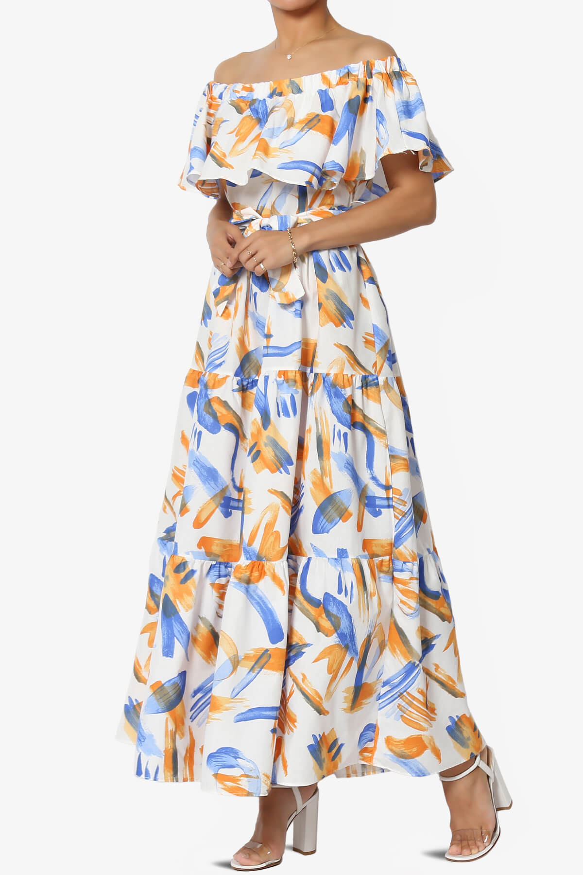 Kenny Ruffle Off Shoulder Printed Woven Long Dress BLUE_3