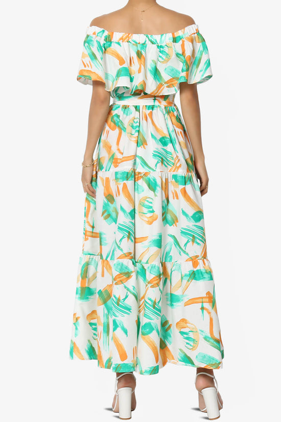 Kenny Ruffle Off Shoulder Printed Woven Long Dress GREEN_2