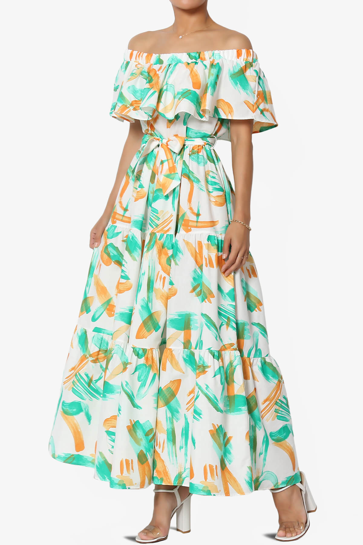 Kenny Ruffle Off Shoulder Printed Woven Long Dress GREEN_3