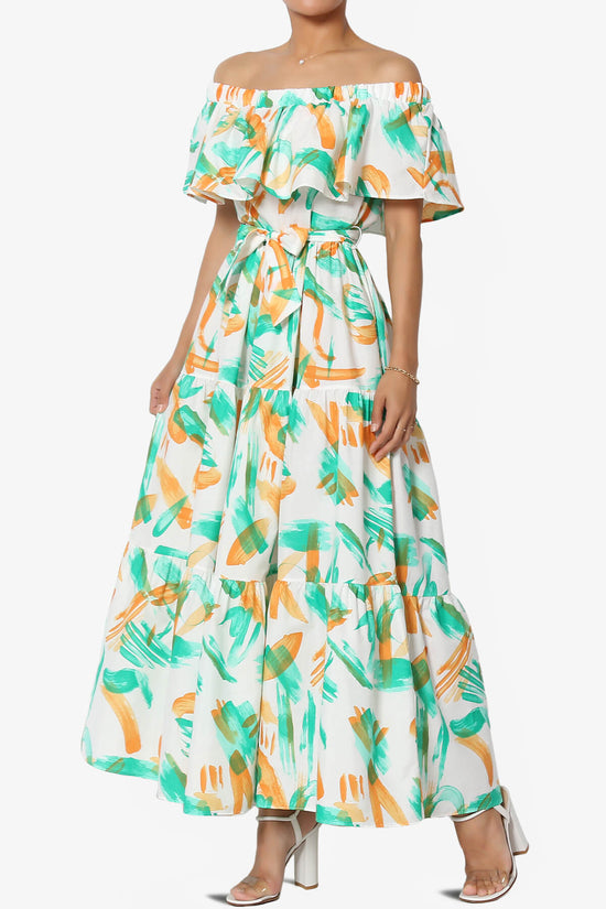 Kenny Ruffle Off Shoulder Printed Woven Long Dress GREEN_3
