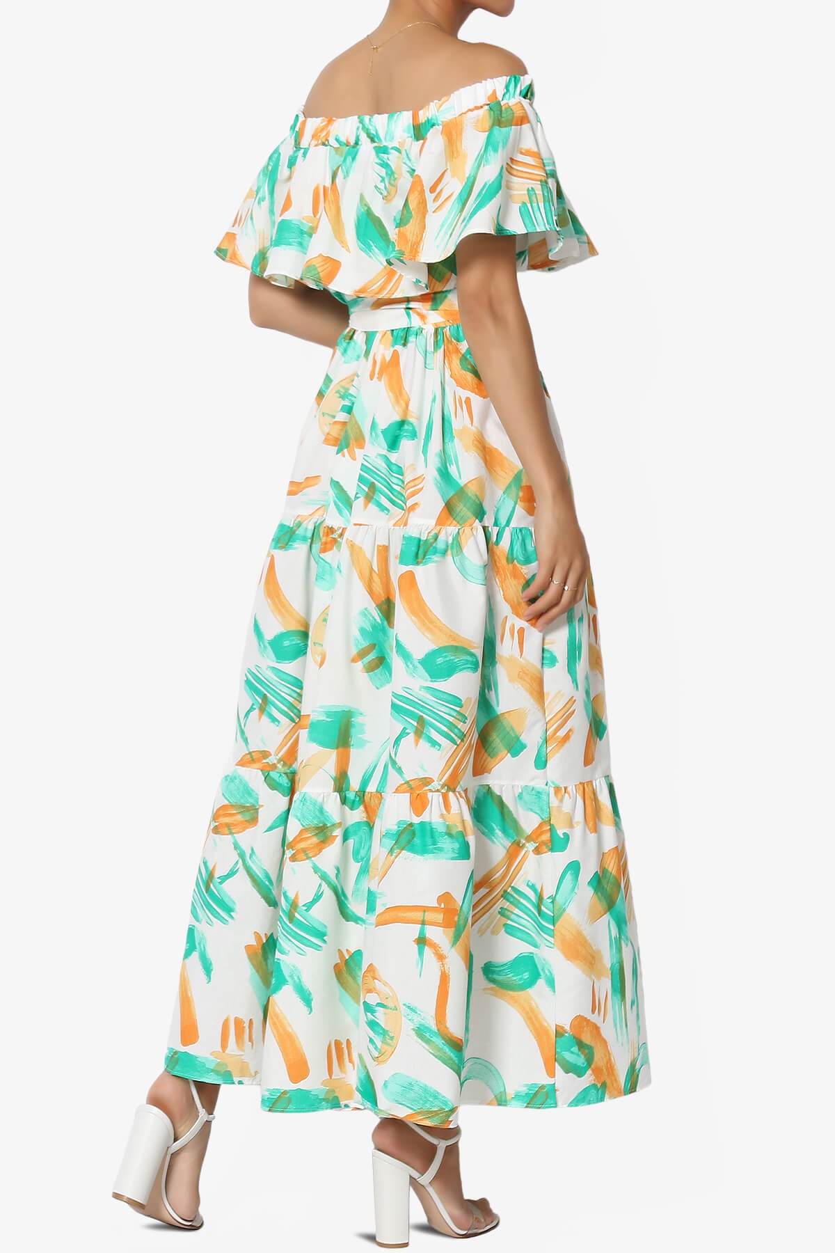 Kenny Ruffle Off Shoulder Printed Woven Long Dress GREEN_4