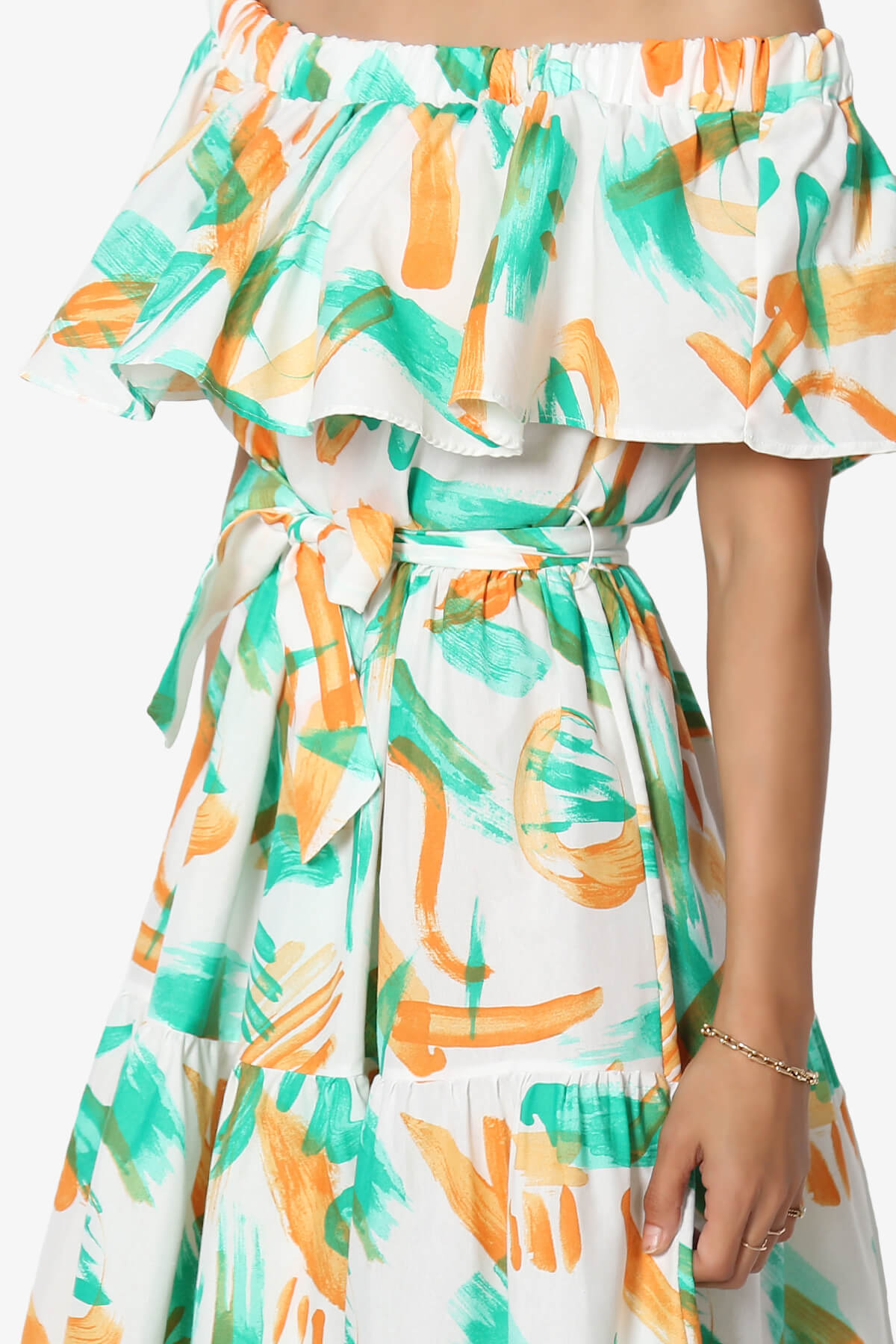 Kenny Ruffle Off Shoulder Printed Woven Long Dress GREEN_5