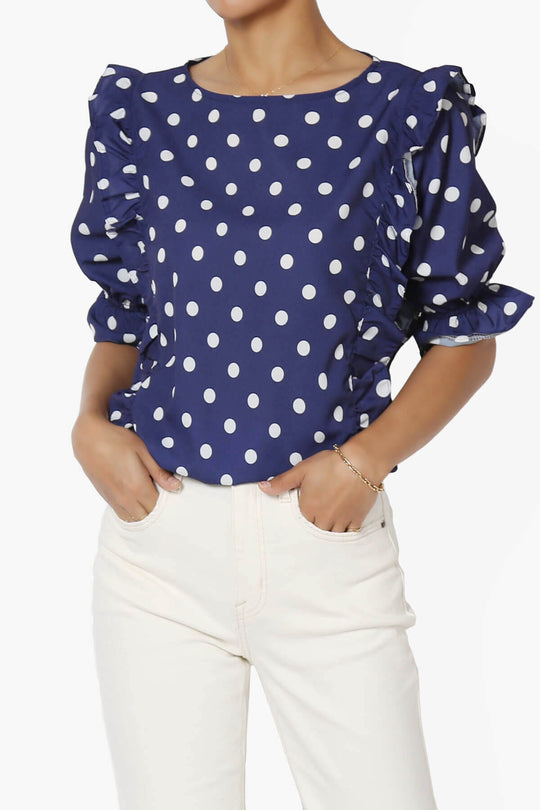 Kiley Polka Dot Ruffle Blouse in Navy