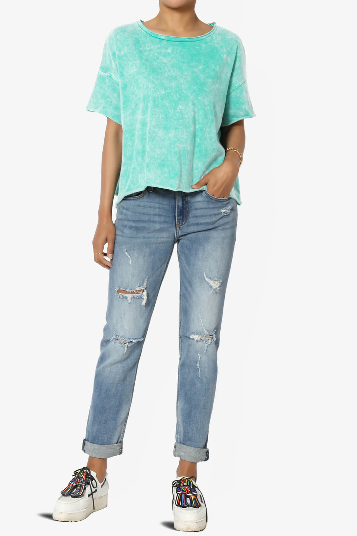 Kiralin Acid Wash Short Sleeve Crop T-Shirt TURQUOISE_6