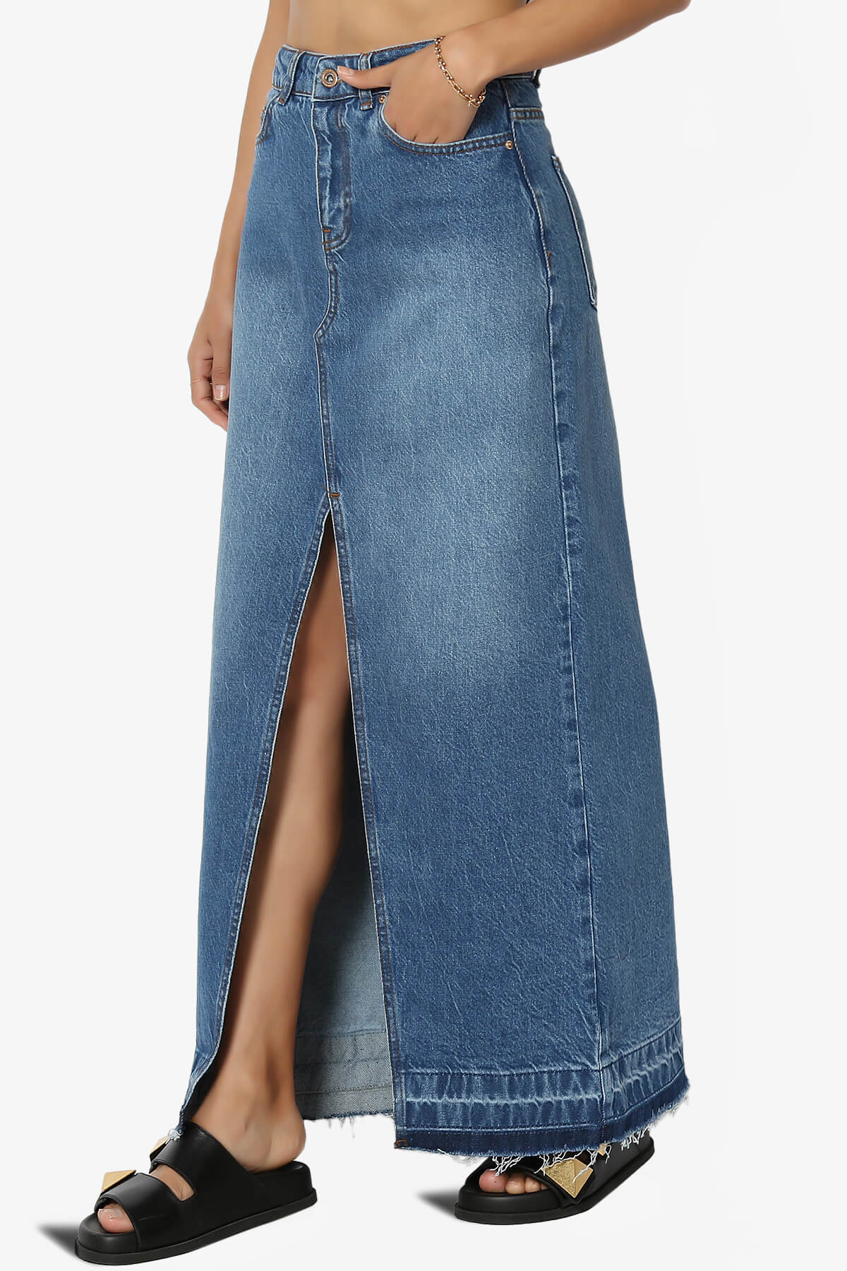 Koton Front Slit Raw Hem Denim Maxi Skirt MEDIUM_3